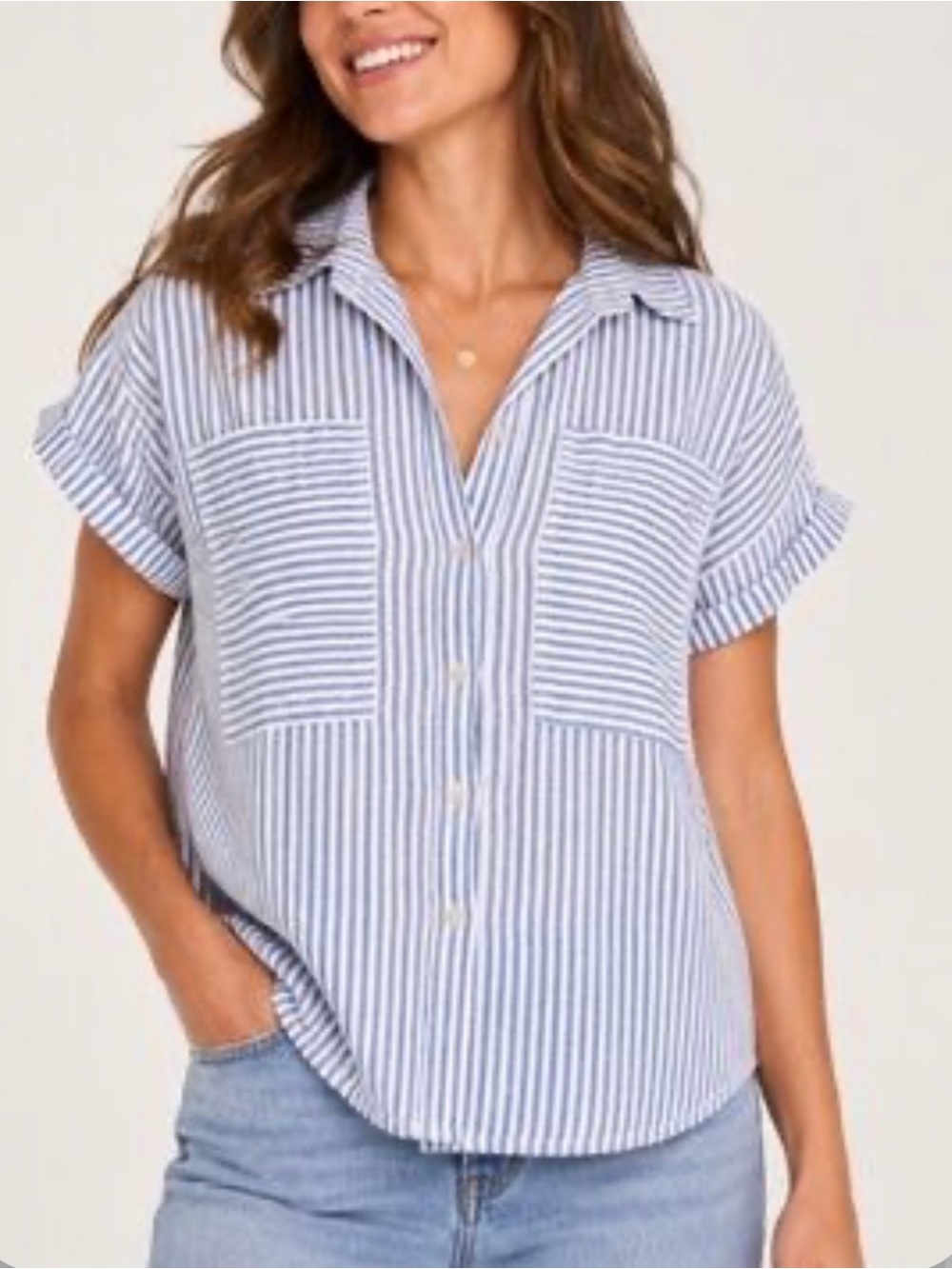 Universal Thread Goods Blue & White Striped Button-Front Linen Blend Shirt M